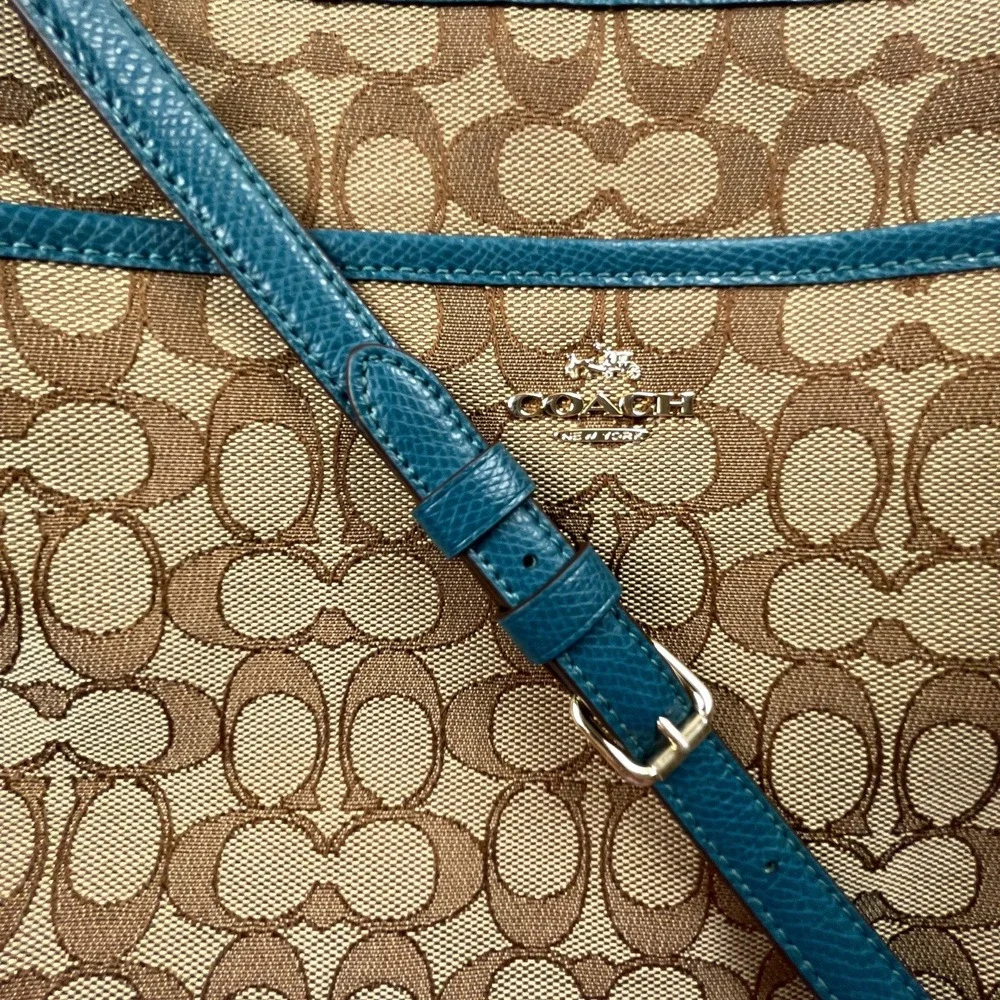 Coach Women Signature Monogram Crossbody Bag Purse Brown Teal Leather Trim *Flaw